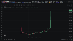 A small, blurry screenshot of a cryptocurrency trading chart on a dark interface showing a green price line with a sharp upward spike.