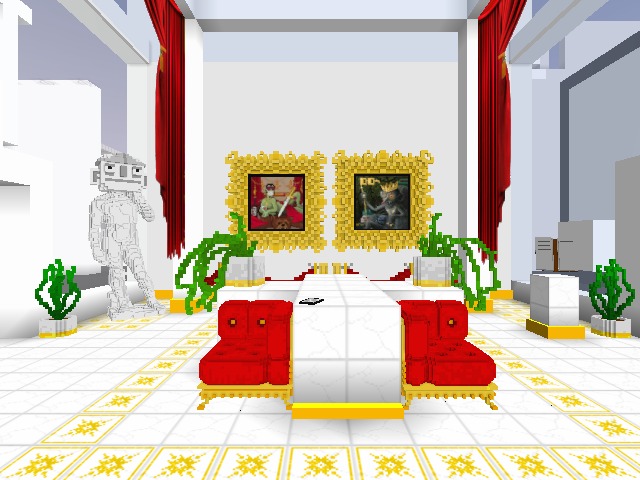 A Minecraft-style 3D rendering of an ornate room with red curtains, gold-framed portraits, a white bed, red sofas, green plants, and a blocky robot statue.