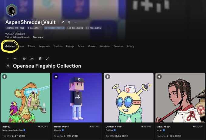 An OpenSea profile page for AspenShredder.Vault showing the 'Galleries' tab circled in yellow, displaying NFT collections including Mutant Ape Yacht Club, Meebits, Quirkies, and Azuki.