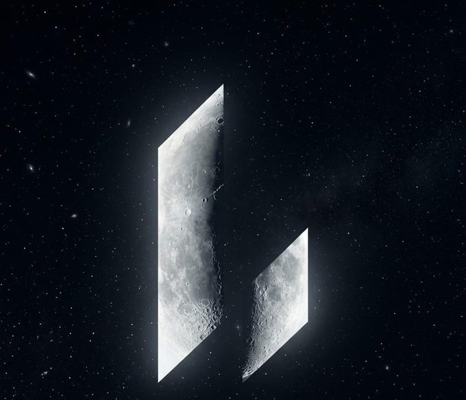 The Litecoin (LTC) logo appears as two metallic slivers resembling a fractured coin, set against a starry cosmic background.
