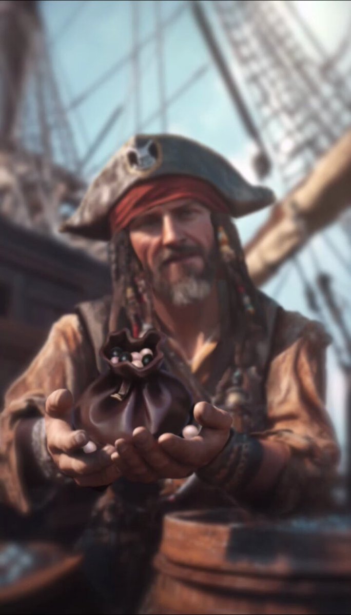 The image features a man dressed as a pirate holding a small bag, possibly containing pearls or other valuable items. The background of the image shows a ship with sails, suggesting that this scene takes place on a boat or at sea. The post in question is titled "Pack Purchased! Pearl: 250,000 Black Pearl: 1,625 Address: 0xbb6c...E24E Transaction: bscscan.com/tx/0xc460e9c7b". This post seems to be related to the pirate character and his purchase of a valuable item from someone else on the ship.