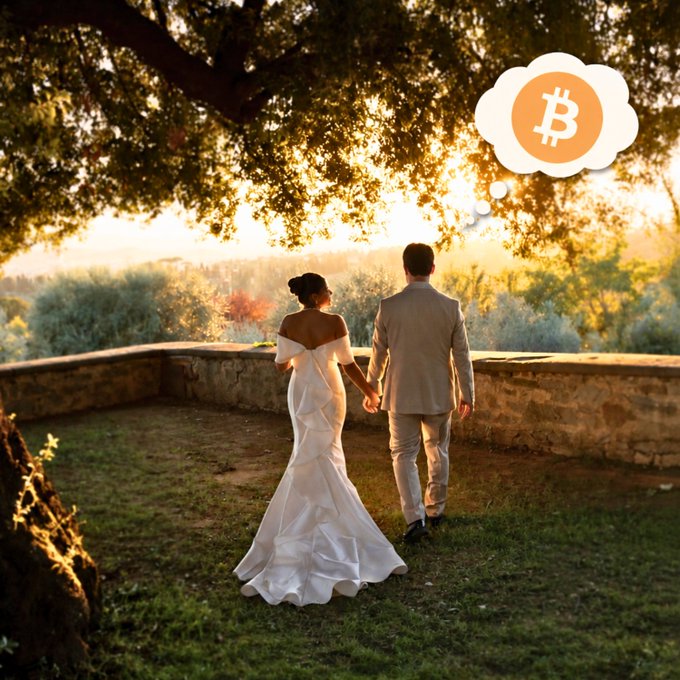 A bride and groom holding hands outdoors at sunset, with a thought bubble containing the Bitcoin (₿) logo above the groom's head.