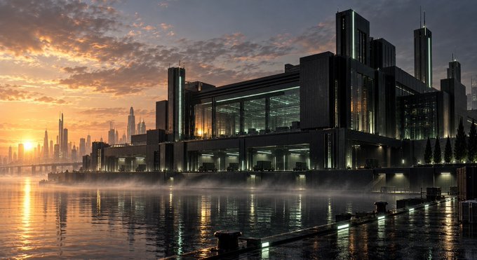 A futuristic cityscape at sunset features large illuminated modern buildings and skyscrapers reflected in the misty water below, with a bright orange sun setting on the left horizon.