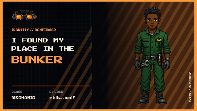 A pixel-art style ID card with a retro orange and black design showing a character in a green mechanic jumpsuit, labeled 'I FOUND MY PLACE IN THE BUNKER' with class 'MECHANIC' and citizen '@bit__wolf'.