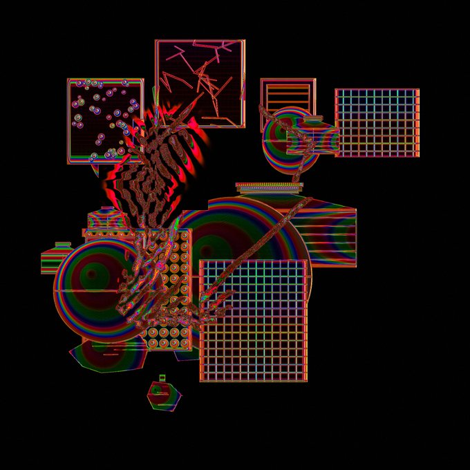 A vibrant, glitch-style digital artwork features overlapping geometric shapes, grids, and circular rainbow patterns set against a black background.