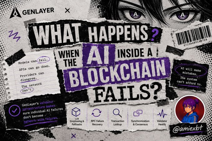 A promotional graphic for GENLAYER asking 'WHAT HAPPENS WHEN THE AI INSIDE A BLOCKCHAIN FAILS?' with text about LLM Greyboting & Fallbacks, RPC Failure Recovery, and Transaction Lookup, tagged @amiexbt.