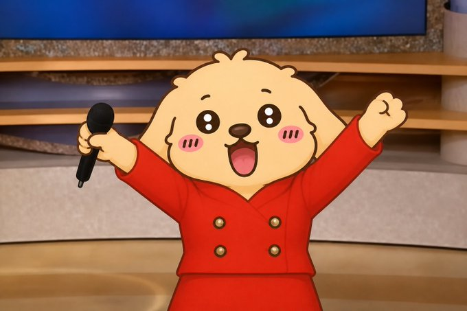 An animated illustration of a smiling, round-faced character in a red double-breasted outfit holding a microphone and waving enthusiastically on a stage.