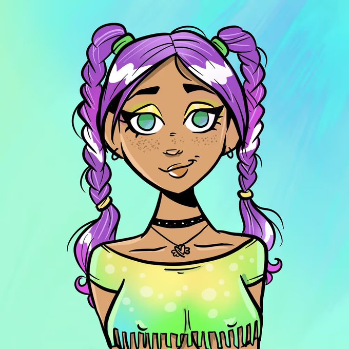 A digital cartoon portrait of a girl with purple braided pigtails, green eyes, and freckles, wearing a yellow and green gradient top and a black choker with a pendant.