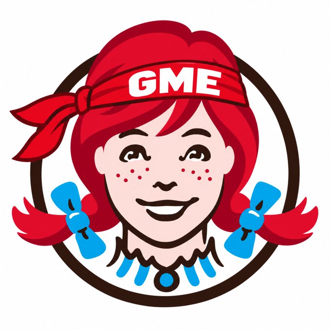 The cartoon logo features a smiling red-haired character wearing a "GME" headband with pigtails tied by blue bows, framed within a brown circle. The image ties to the post "Tendies are back on the menu $GME" by using the iconic Wendy's-style mascot as a playful visual reference for GameStop (GME) stock and the meme-trading community's reference to profits as "tendies."