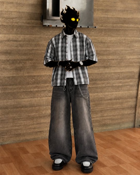A digital rendering of a figure wearing a black flame-like mask, a black and white plaid short-sleeve shirt, baggy dark jeans with a chain, and platform shoes.