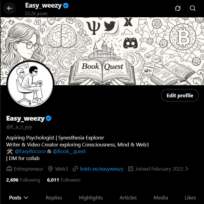 The image shows a Twitter post with a black background featuring a white banner at the top displaying the text "Easy Weeny" followed by a list of followers, including the names "@quipnetwork", "@NucleusCodes", and "@Quantum Echoes". The post also includes a link to an article about the "Book Quest" and mentions that it has been shared over 6k times.