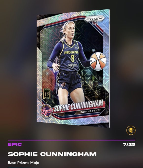 A digital WNBA trading card for Sophie Cunningham of the Indiana Fever wearing jersey number 8, with a holographic mojo pattern, 'PRIZM 7/25' stamp, and 'EPIC' rarity label.
