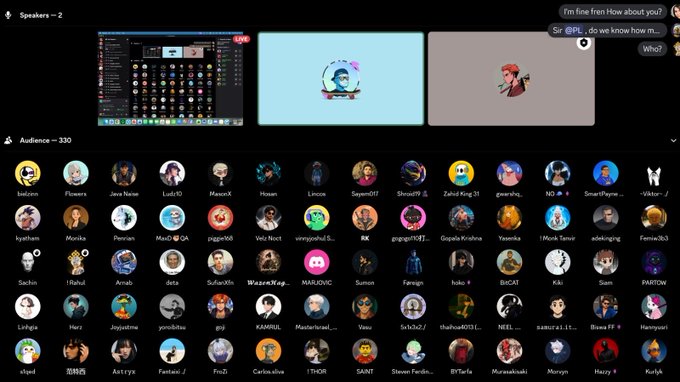 The image shows a Discord-style virtual community call interface with 2 speakers at the top (one displaying a chat window and two featuring cartoon avatars) and an audience of 330 participants shown as circular profile pictures below. The conversation bubbles indicate speakers asking how each other knows each other, while the post references this as an "Axis Community AMA" call discussing partnerships with organizations like BoosterRobotics, OpenRoboto, and Base.