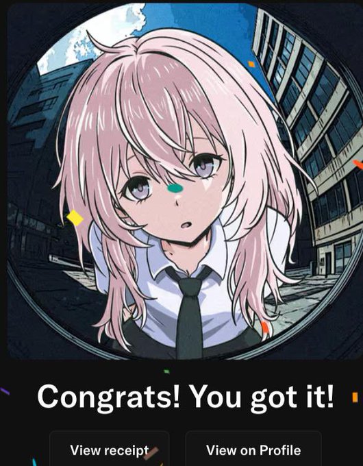 A mobile app screenshot showing a pink-haired anime character in a school uniform peering through a circular lens, with the congratulatory text 'Congrats! You got it!' and buttons for 'View receipt' and 'View on Profile'.