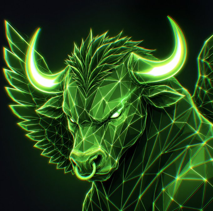 A stylized neon green polygonal bull with glowing horns represents the $GREENBULL token airdrop, fitting the post's call for users to claim free tokens and update their profile pictures with this striking crypto-themed mascot.