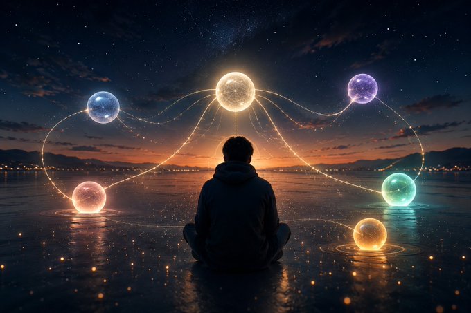 A digital illustration shows a person sitting by the water at night, surrounded by glowing, floating spheres connected by streams of light under a starry sky.