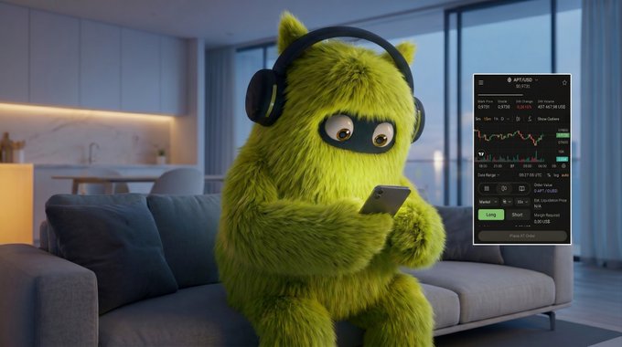 The image features a green furry monster-like creature sitting on top of a gray couch, holding a cellphone and looking at its screen while wearing headphones. There are also small figures of people or animals behind the creature, which might be part of the creature's surroundings or props in the scene. The post "Trade everything with Decibel!" seems to be referring to something about the digital world, possibly emphasizing how much information is available through electronic devices like cell phones.