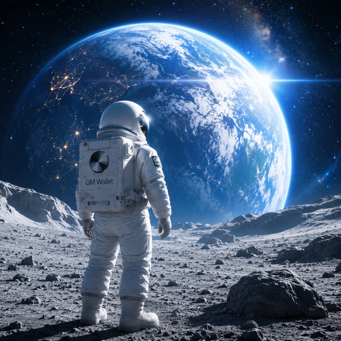 A digital artwork of an astronaut standing on a rocky lunar surface looking at Earth, with a BMW logo and the text 'GM Wallet' on the backpack.