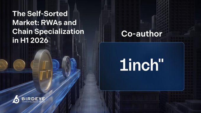 Title slide for a Birdeye Crypto Intelligence report titled 'The Self-Sorted Market: RWAs and Chain Specialization in H1 2026', co-authored with 1inch, featuring 3D coin graphics against a city backdrop.