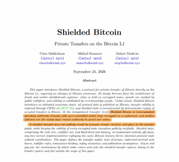 A document titled "Shielded Bitcoin" authored by Clara Shikhelman, Mikhail Komarov, and Izaak Meckler, dated September 24, 2026, proposing a method to add transaction privacy to the Bitcoin L1 network using zero-knowledge proofs. The whitepaper abstract outlines how shielded transfers could hide sender, receiver, and amount details, utilizing an off-chain indexer—directly relevant to the post highlighting Bitcoin gaining $ZEC-style privacy without requiring a soft fork.