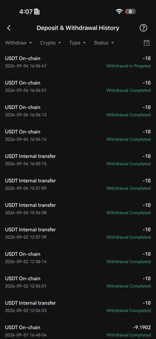 A mobile screenshot of a "Deposit & Withdrawal History" page showing a series of completed USDT On-chain and USDT Internal transfer withdrawals of -10, with the most recent transaction displaying -9.1902 USDT, serving as proof of payment to 10 giveaway winners as promised in the post.