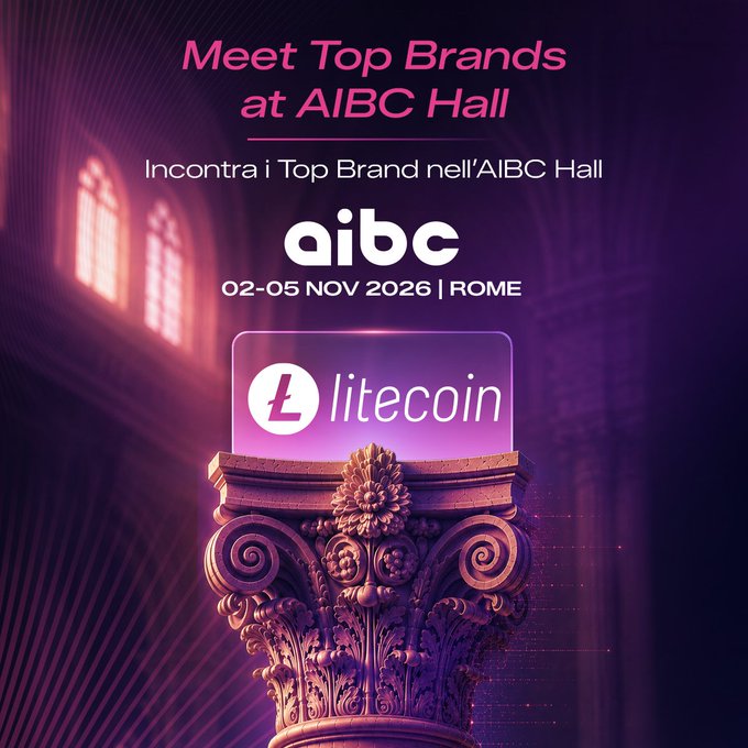 A promotional graphic for the AIBC event (November 2-5, 2026 in Rome) features the Litecoin logo on an illuminated pedestal against a pink and purple backdrop with the headline "Meet Top Brands at AIBC Hall," visually highlighting Litecoin's featured participation at the conference mentioned in the accompanying post.