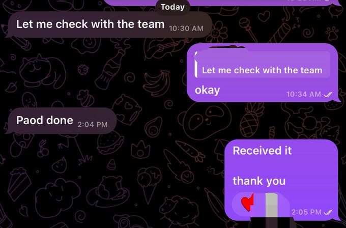 A chat screenshot from "Today" shows messages including "Let me check with the team" at 10:30 AM, "Paod done" at 2:04 PM, and "Received it thank you" at 2:05 PM, reflecting the day's summary of receiving a payment and claiming part of a Somnia airdrop.