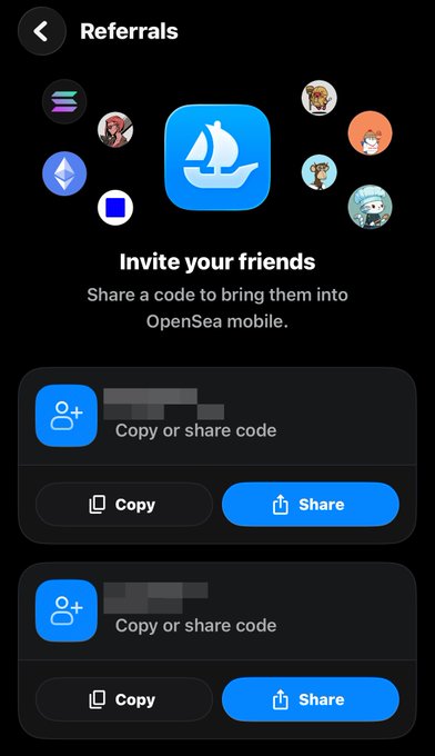 A mobile app screen showing a "Referrals" page for OpenSea, featuring the text "Invite your friends" and options to "Copy or share code" with "Copy" and "Share" buttons.