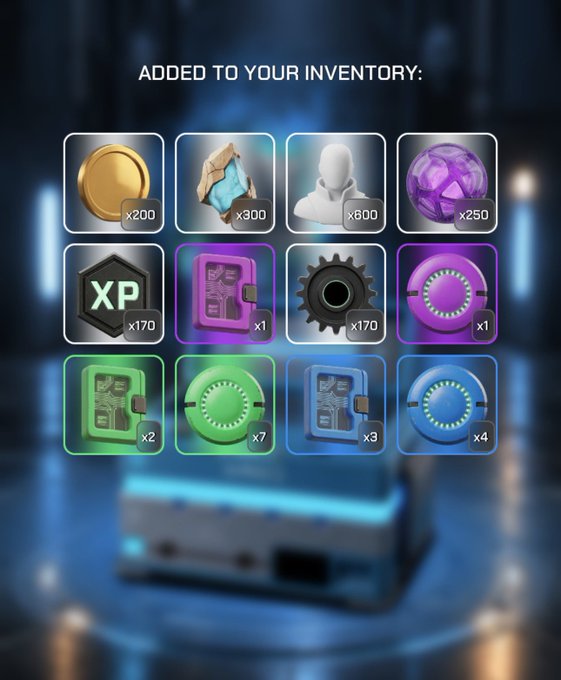 A mobile game inventory screen titled 'ADDED TO YOUR INVENTORY:' displays various items including gold coins (x200), blue crystals (x300), purple gems (x250), XP tokens (x170), and several colored key cards and gears.