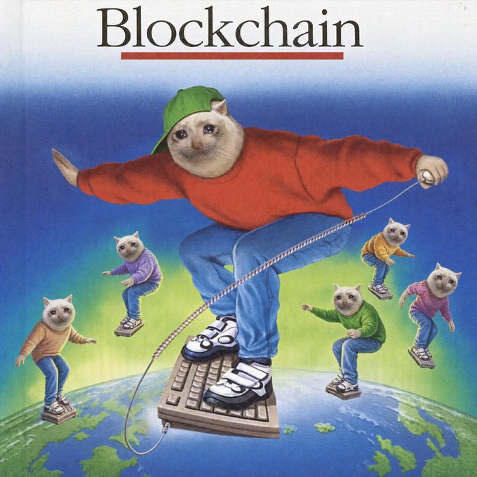 The image is a humorous edit of an airbrush-style poster titled "Blockchain," featuring a large cat-headed figure in a red sweatshirt and green cap jumping rope above a keyboard, while smaller cat-headed figures in colorful sweatshirts ride hoverboards on a stylized globe below.