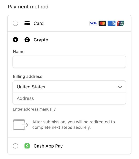 A Stripe payment checkout screen showing payment method options, with "Crypto" selected and expanded to reveal fields for Name and Billing address (set to United States), supporting accepted card brands Visa, Mastercard, Amex, and JCB are visible at the top alongside Cash App Pay below.