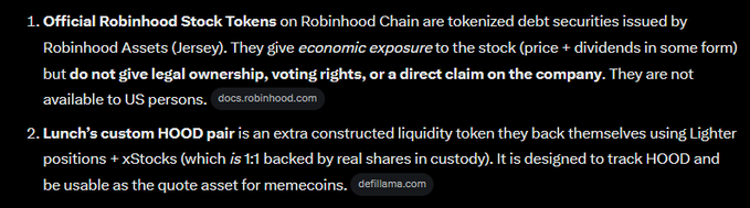 The image displays a two-point informational graphic clarifying misconceptions about Robinhood Stock Tokens on Robinhood Chain. Point 1 explains that Official Robinhood Stock Tokens (like HOOD) are tokenized debt securities issued by Robinhood Assets (Jersey) that provide economic exposure but no legal ownership, and are not available to US persons. Point 2 reveals that Lunch's custom HOOD pair is a synthetic liquidity token backed by Lighter positions and xStocks (1:1 backed by real shares), designed to track HOOD for use as a quote asset for memecoins.

This directly supports the post's claim that there is no actual HOOD stock token on the Robinhood Chain, and that the HOOD pairs seen are synthetic constructs backed by Lighter positions rather than official Robinhood-issued tokens.