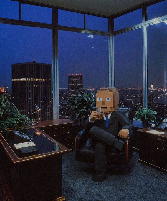 A blocky, Minecraft-style character in a business suit sips from a glass in a high-rise corner office overlooking a city skyline at night, his voxel cube head frozen mid-drink as the clock ticks over.