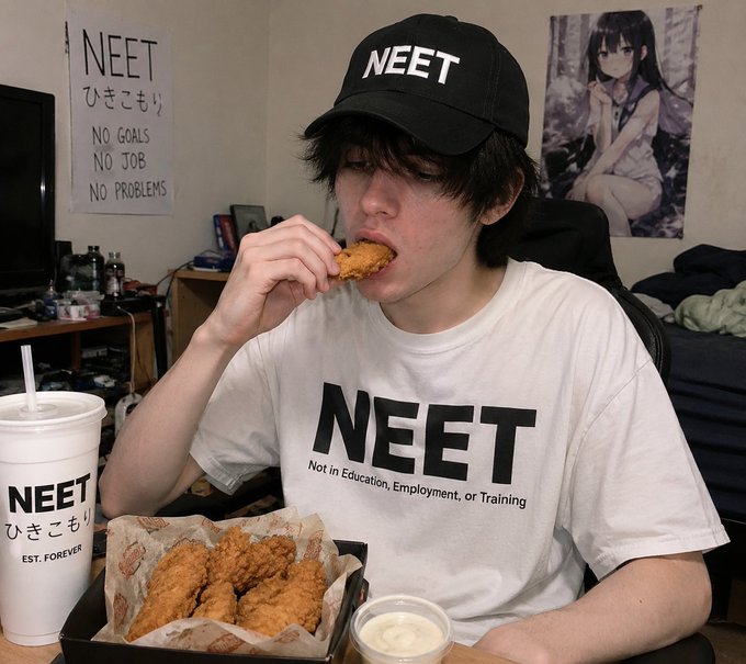 A person wearing a "NEET - Not in Education, Employment, or Training" shirt and matching hat eats fried chicken with a cup labeled "NEET" beside them, with a poster on the wall reading "NEET ひきこもり NO GOALS NO JOB NO PROBLEMS." The image playfully leans into the "NEET" ticker from the post, visually embracing the meme of a jobless, goal-free lifestyle while eating the promised "tendies" (fried chicken).