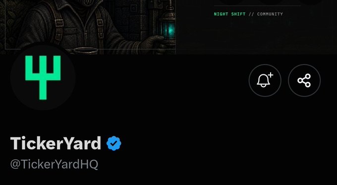 A Twitter/X profile header for 'TickerYard' (@TickerYardHQ) featuring a green logo and dark artwork with the text 'NIGHT SHIFT // COMMUNITY'.