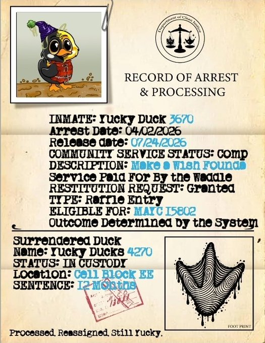 A digital document styled as a 'Record of Arrest & Processing' for an inmate named 'Yucky Duck', dated 04/02/2026, detailing community service status and a 12-month sentence at 'Cell Block EE'.