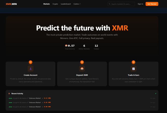 The image features an online marketplace for making predictions, specifically about cryptocurrency markets. At the top of the screen, there's text that reads " Predict the future with XMR". Below this, a few options are displayed such as "Monero", "XMR", and " fiat". On the right side of the image, there is information that says "Monero: The fastest growing cryptocurrency market in the world!". At the bottom of the screen, you can find a list of various Bitcoin trading options. This visual display effectively demonstrates how someone made an informed guess about XMR's future by predicting its success based on historical trends within the Monero prediction market.