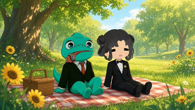 An illustrated scene shows a cartoon frog wearing a suit with headphones and a young girl in a black suit having a picnic on a checkered blanket in a sunny flower-filled meadow.