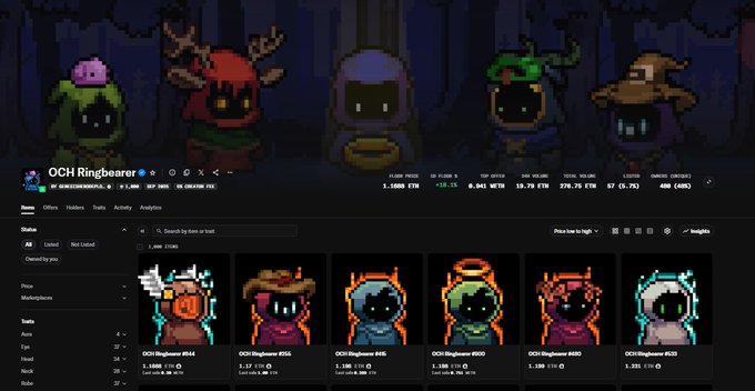 An NFT marketplace listing for the 'OCH Ringbearer' collection, showing various pixel art ring characters with prices in ETH, including Ringbearer #644, #556, #456, #900, #460, and #820.