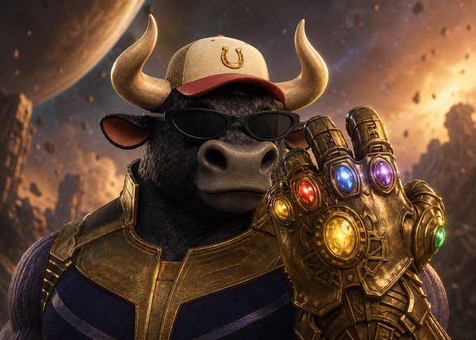 A digital artwork of a Minotaur-like figure wearing a cap, sunglasses, and an armored suit with glowing Infinity Stones in a gauntlet, set against a cosmic background with a planet.