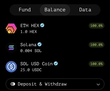 The image shows a Tangent DEX balance interface displaying three assets: ETH HEX (1.0 HEX), Solana (0.004 SOL), and SOL USD Coin (25.0 USDC), all marked at 100.0% with tabs for Fund, Balance, and Data. This relates to the post by showing the user's portfolio on Tangent, illustrating the platform's support for SOL and USDC swaps highlighted in their review.