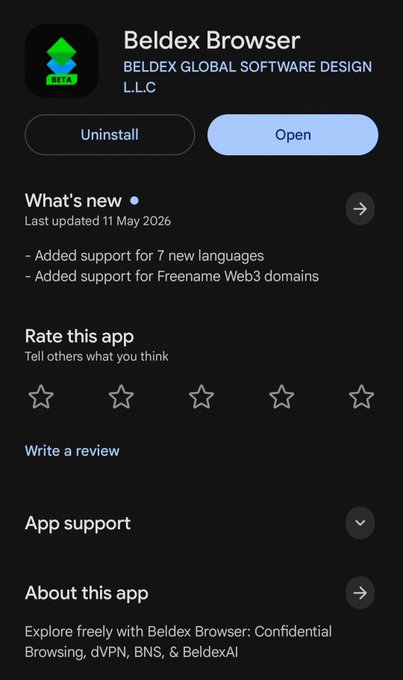 Google Play Store page for the 'Beldex Browser' by BELDEX GLOBAL SOFTWARE DESIGN LLC, noting recent updates adding support for 7 new languages and Freename Web3 domains.