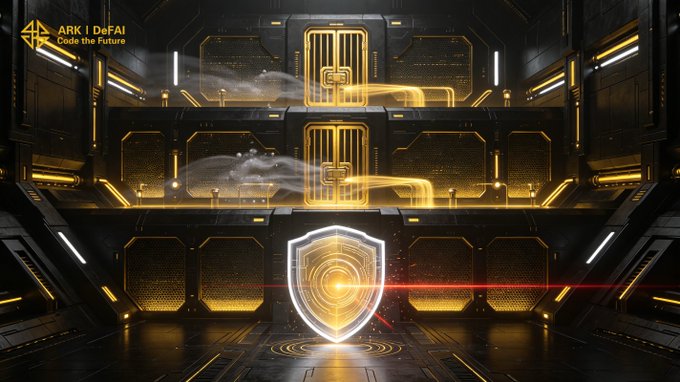 A futuristic, high-tech vault interior featuring glowing orange digital panels, golden energy streams, and a luminous central shield, with the "ARK | DeFAI - Code the Future" logo in the top-left corner. The image visually reinforces the post's message of speed, security, and reliability, symbolizing the protective fortress behind the Arkie AI App and the ARK ecosystem as it grows stronger.