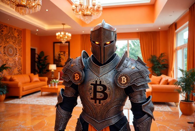 The image features a man dressed as a knight, wearing a full suit of armor with a large Bitcoin symbol on his chest. The room has orange walls and furniture, including an orange couch and several potted plants placed throughout the space. A chandelier hangs from the ceiling, adding to the overall ambiance of the room. The post about Bitcoin hitting all time highs is related to the image because it suggests that the knight's armor might be a symbol or representation of Bitcoin, possibly indicating its significance in today's world.

The man dressed as a knight and the Bitcoin-themed armor suggest an interesting juxtaposition between traditional medieval themes and modern technology like Bitcoin. The room itself seems to be designed with these elements in mind, creating a unique and visually appealing scene that captures attention and sparks curiosity about the story behind it.