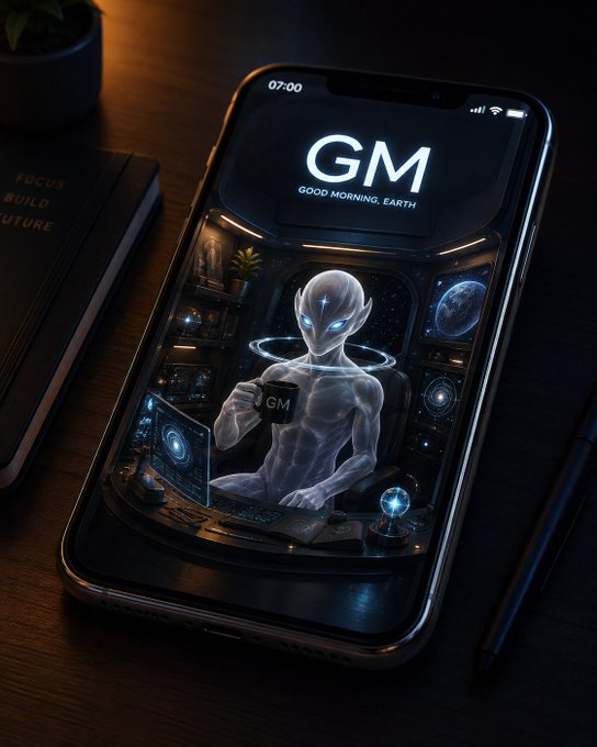 Stylized image of a smartphone displaying an alien character holding a 'GM' mug in a futuristic room, with the text 'GM - GOOD MORNING, EARTH' shown at the top of the screen.