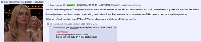 A screenshot of an online forum post (imageboard) discussing reverse-engineering TradingView Premium, with replies making fun of "TV" (TradingView), and a thumbnail image of a blonde woman in the foreground.