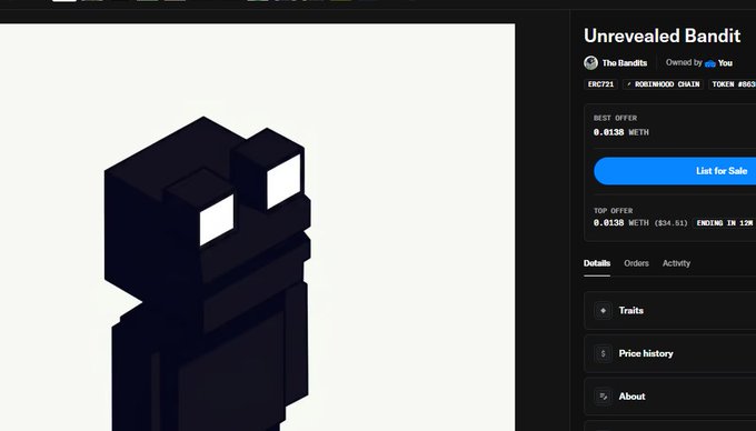Screenshot of an OpenSea NFT listing for "Unrevealed Bandit" from "The Bandits" collection, showing a black voxel character, a best offer of 0.0138 METH, and a top offer of 0.0138 METH ($54.61) ending in 12W.