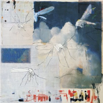 A mixed-media artwork combining textured fabric, painted clouds, sketched insect figures, and abstract brushstrokes in blue, white, and earth tones.