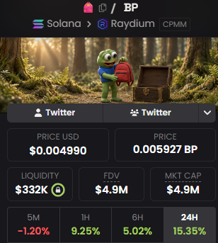 A crypto token tracker interface displays a token with a Pepe frog in a forest artwork, priced at $0.004990 USD / 0.005927 BP on Solana, showing a +15.35% gain over 24H.