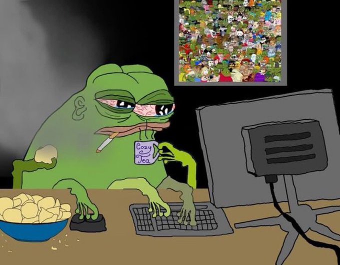 The image shows a "Cozy Tea" Pepe meme depicting a weary-looking Pepe drinking tea while typing on a computer, surrounded by a crowd of cartoon characters in a picture frame. This relates to the post's inquiry about Binance Square creators, humorously implying the author is overwhelmed by questions from the large community of creators using the platform.